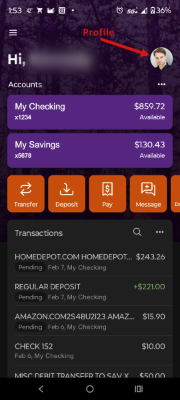 HomePride Bank app with callout for locating profile